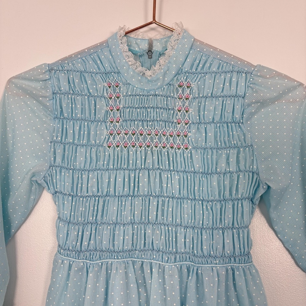 Vintage Polly Flinders Dress Girls 8 Blue Polka Dot Smocked Lace Party Formal - Picture 3 of 13